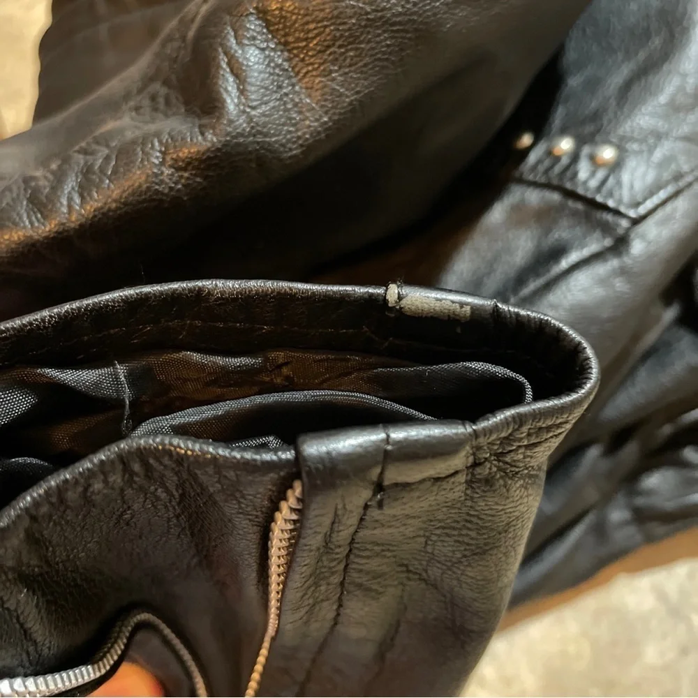 Vintage 80s Black Biker Rock-N-Roll Leather Studded Jacket Zip-Front - Picture 9 of 10